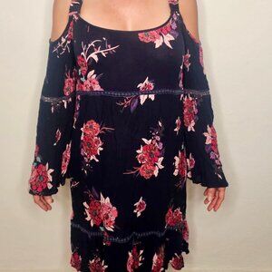 Navy Blue & Pink Floral Boho Dress